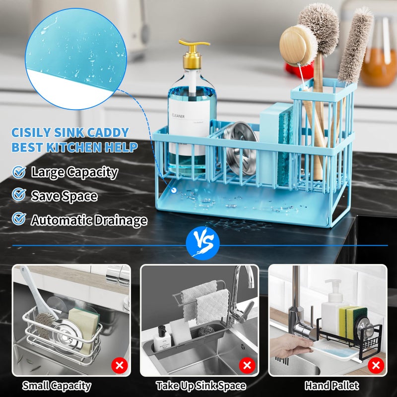 Cisily Blue Kitchen Sink Caddy Organzier with High Brush Holder, Sponge Holder for Sink, 304 Rustproof Stainless, Kitchen Countertop Soap Dispenser Organizer, Blue Home Decor and Accessories - Image 5
